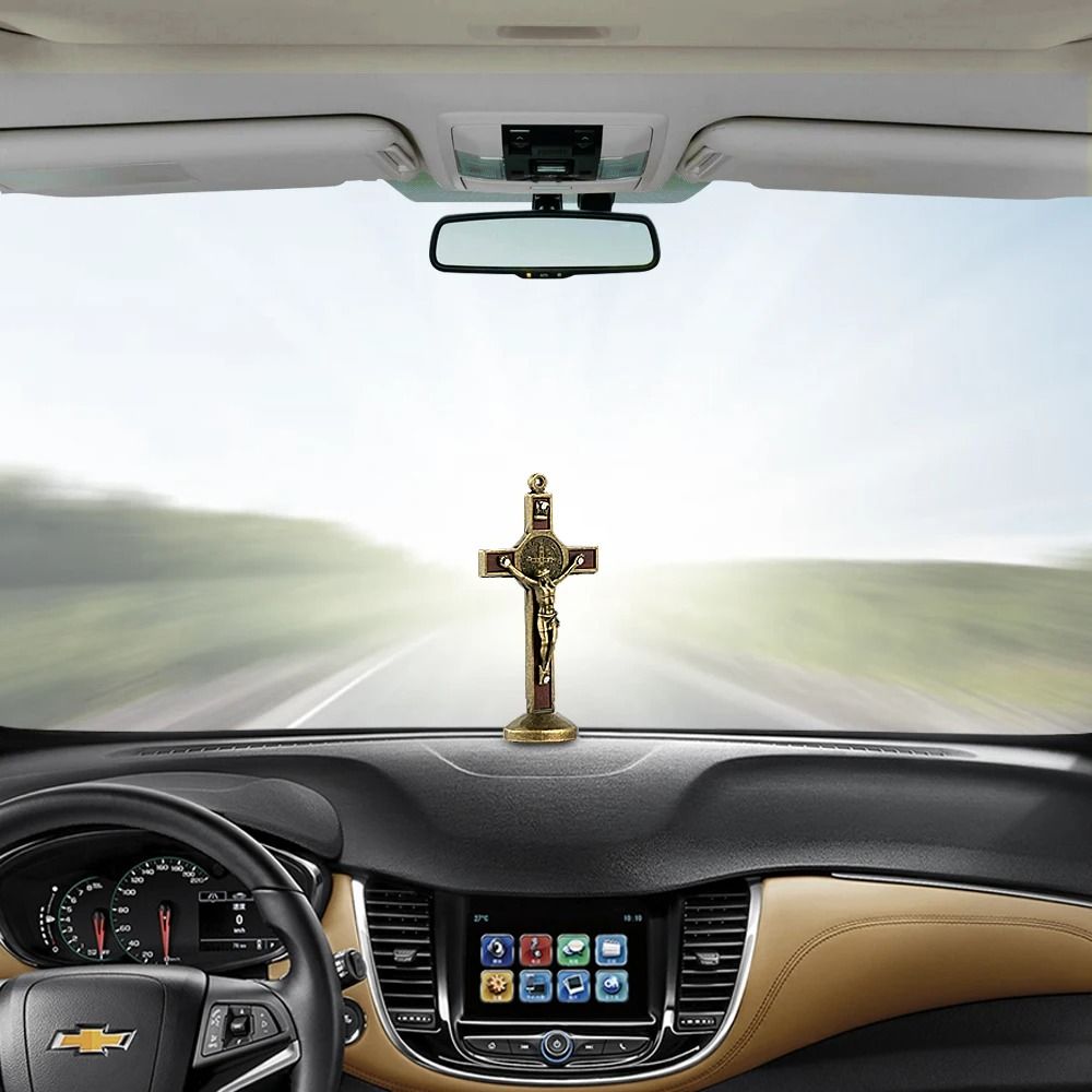 Metal Jesus Cross Car Dashboard Ornament Wooden Crucifix Interior Decor 2