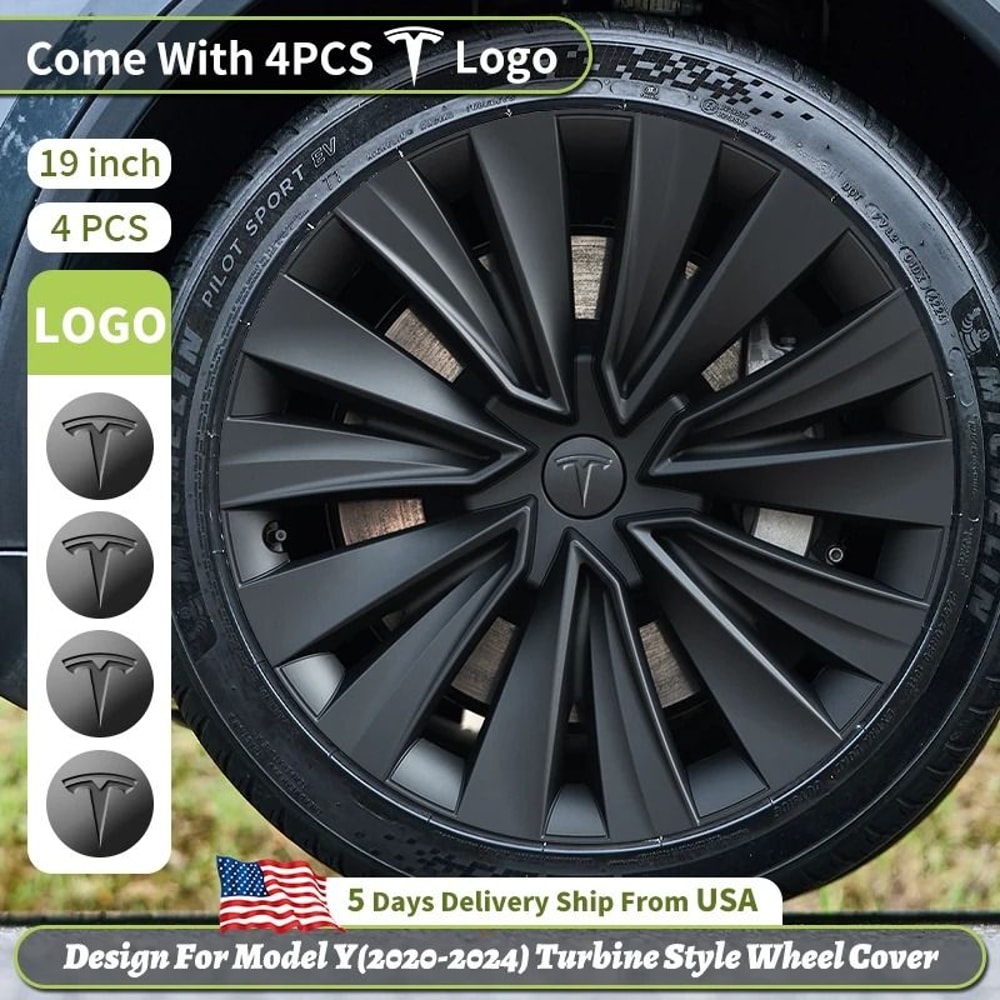 Tesla Model Y 19 Inch Turbine Style Matte Black Hubcap Covers Set Of 4 1