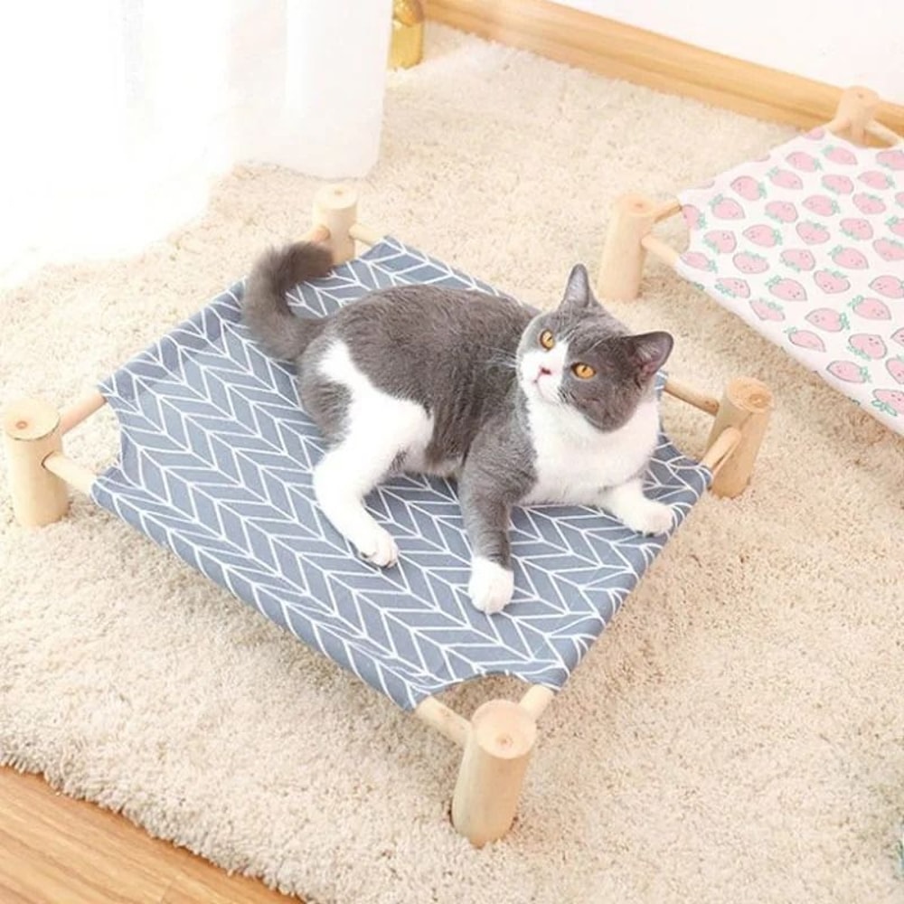 Elevated Wooden Cat Hammock Bed With Breathable Canvas For Cats Small Dogs 0