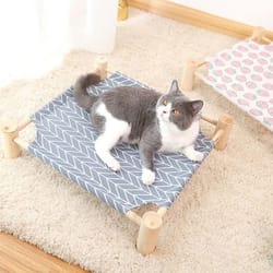 elevated wooden cat hammock bed with breathable canvas for cats & small dogs