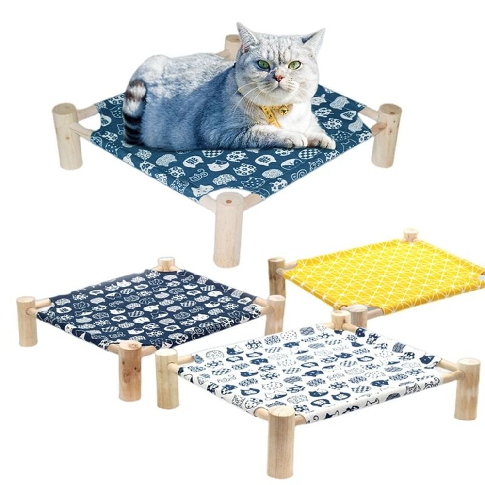 Elevated Wooden Cat Hammock Bed With Breathable Canvas For Cats Small Dogs 2