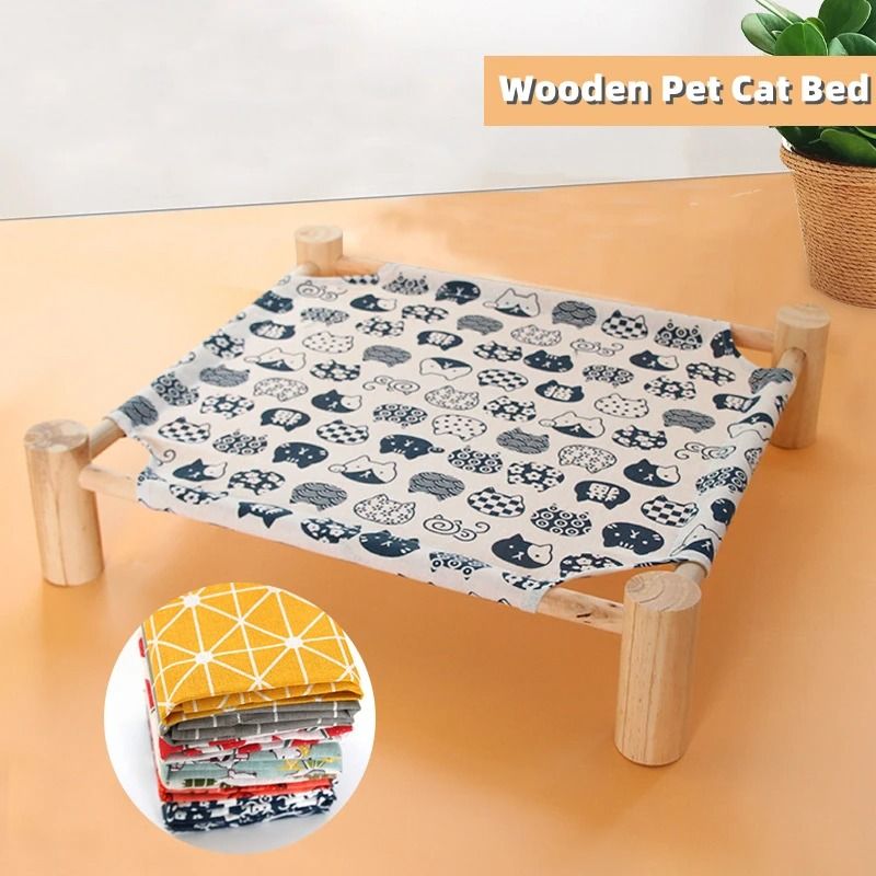 Elevated Wooden Cat Hammock Bed With Breathable Canvas For Cats Small Dogs 4