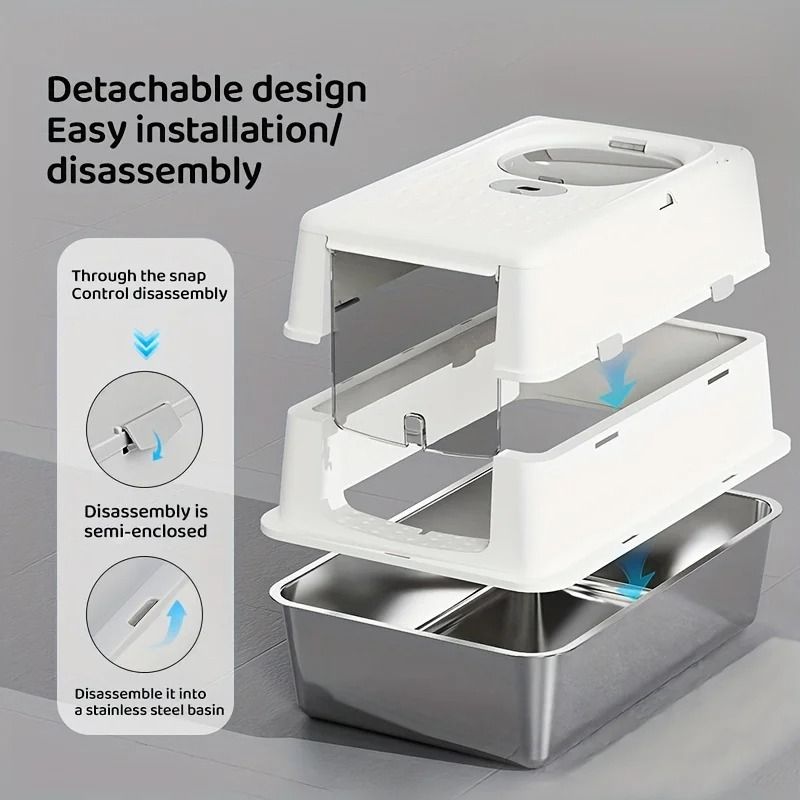 Stainless Steel Enclosed Cat Litter Box With Flip Cover NonSlip Mat 2