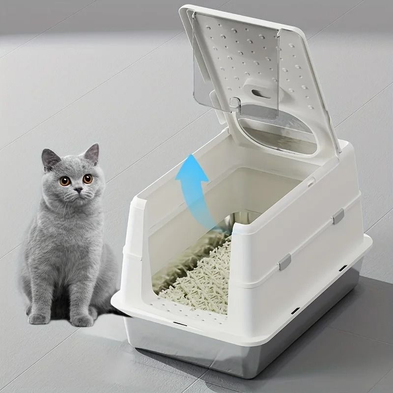 Stainless Steel Enclosed Cat Litter Box With Flip Cover NonSlip Mat 3