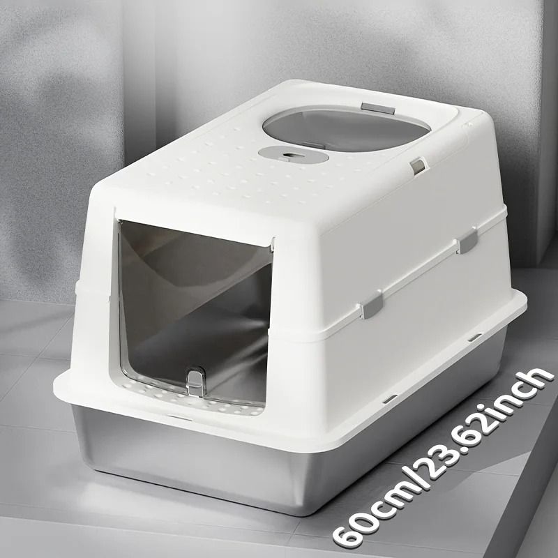 Stainless Steel Enclosed Cat Litter Box With Flip Cover NonSlip Mat 4