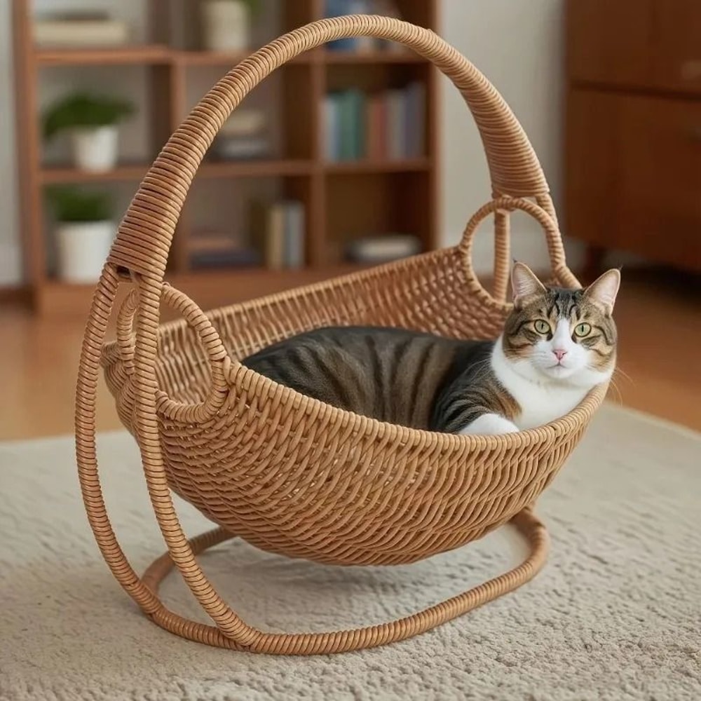 Indoor Hanging Cat Hammock Bed With Rattan Style Basket Cozy Cushion 1