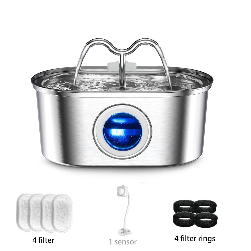108oz Stainless Steel Cat Water Fountain With LED Light Silent Pump 8
