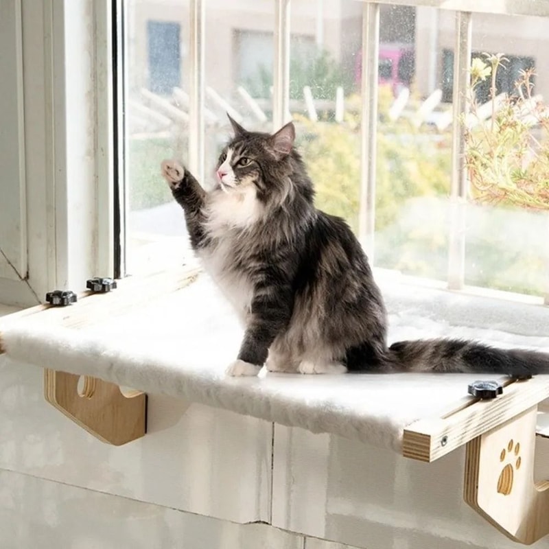 Wooden Frame Cat Window Hammock With Paw Print Design 0