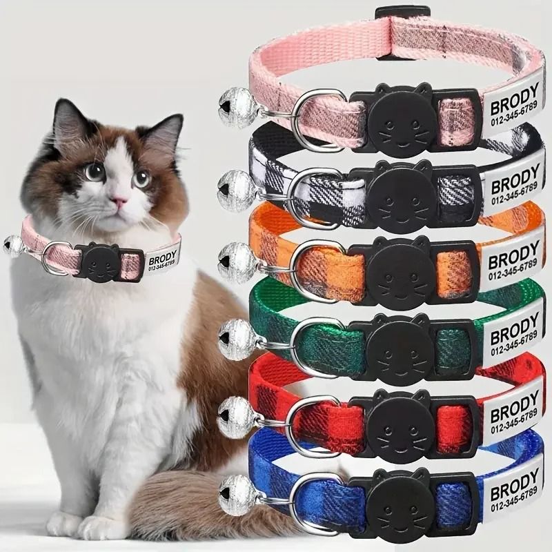 Personalized Plaid Breakaway Cat Collar With Bell ID Tag 0