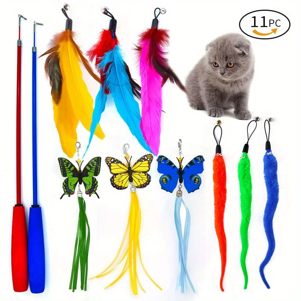 Interactive Feather Wand Cat Toy Set With Bells For Indoor Cats 6