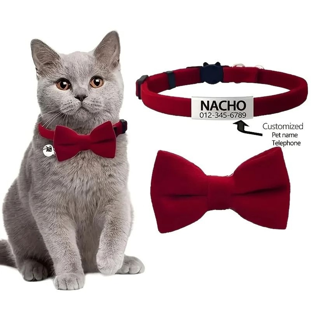 Personalized Cat Bow Tie Collar With Engraved ID Tag Bell Adjustable Soft Polyester Pet Collar 10