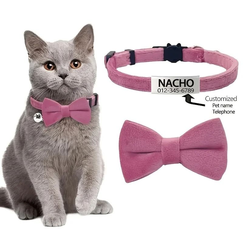 Personalized Cat Bow Tie Collar With Engraved ID Tag Bell Adjustable Soft Polyester Pet Collar 12
