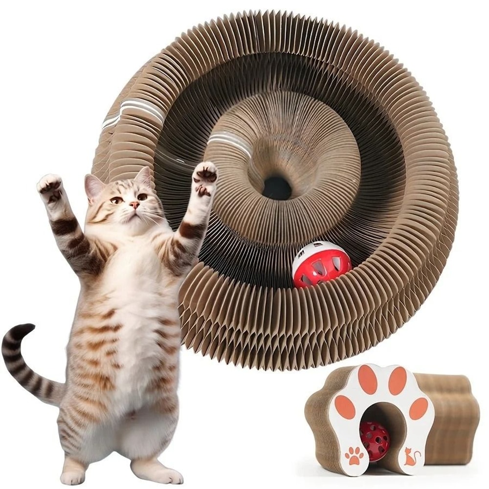 Interactive Accordion Cat Scratcher With Ball Track Foldable Shape Shifting Cardboard Cat Toy 0