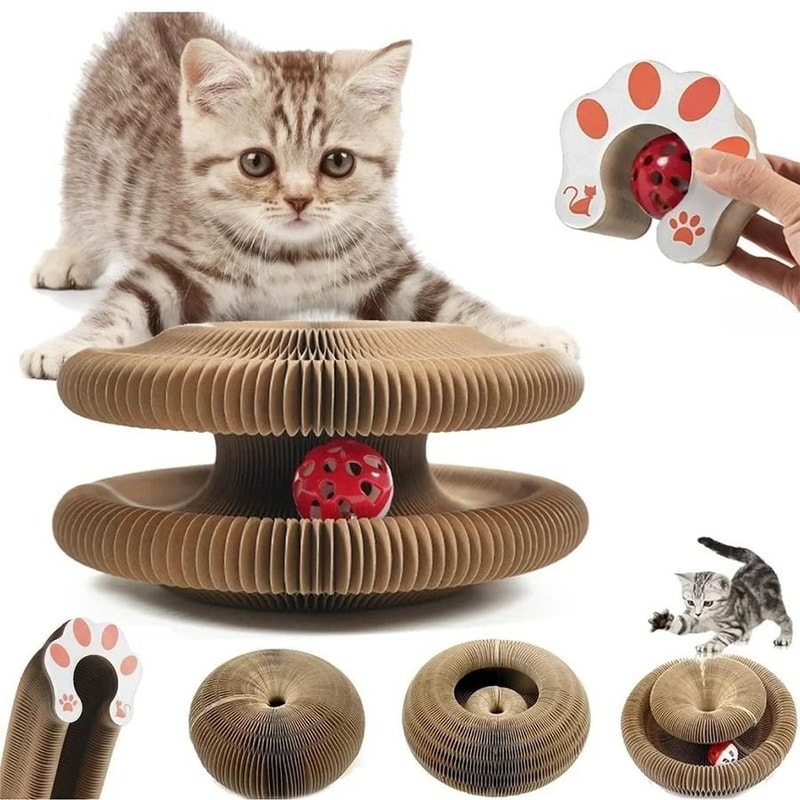 Interactive Accordion Cat Scratcher With Ball Track Foldable Shape Shifting Cardboard Cat Toy 3