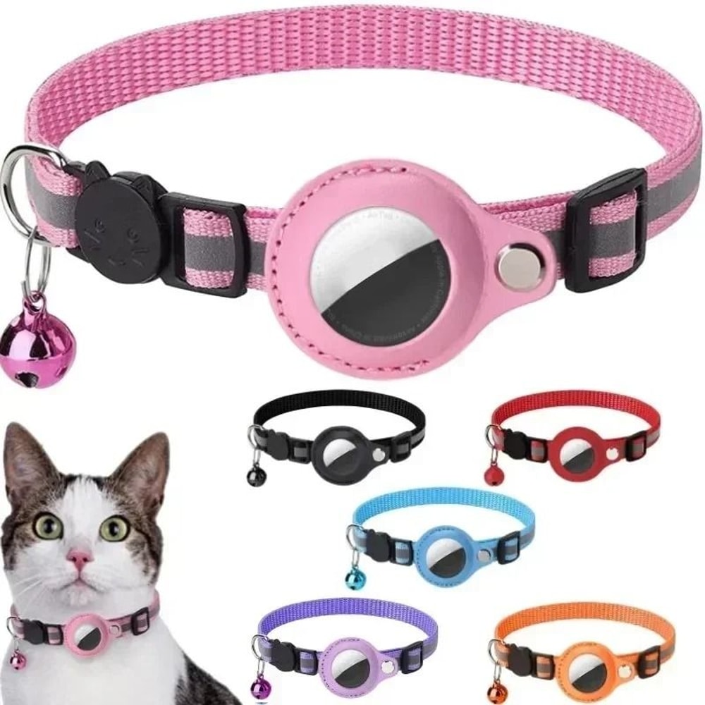 Reflective AirTag Cat Collar With Protective GPS Holder Bell Adjustable Anti Lost Pet Collar 0