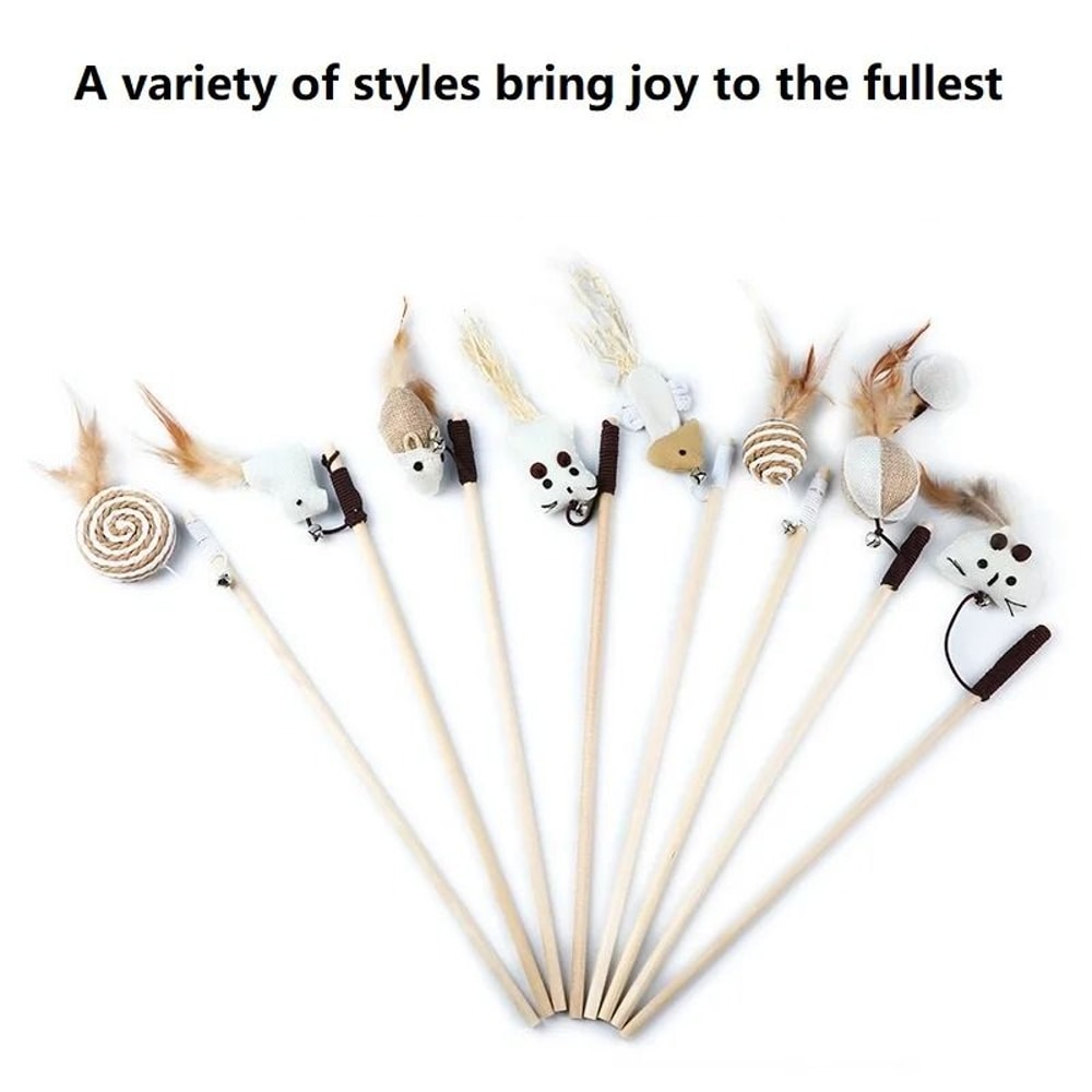Interactive Cat Wand Feather Toy With Wooden Rod Colorful Kitten Teaser Stick For Indoor Play 3
