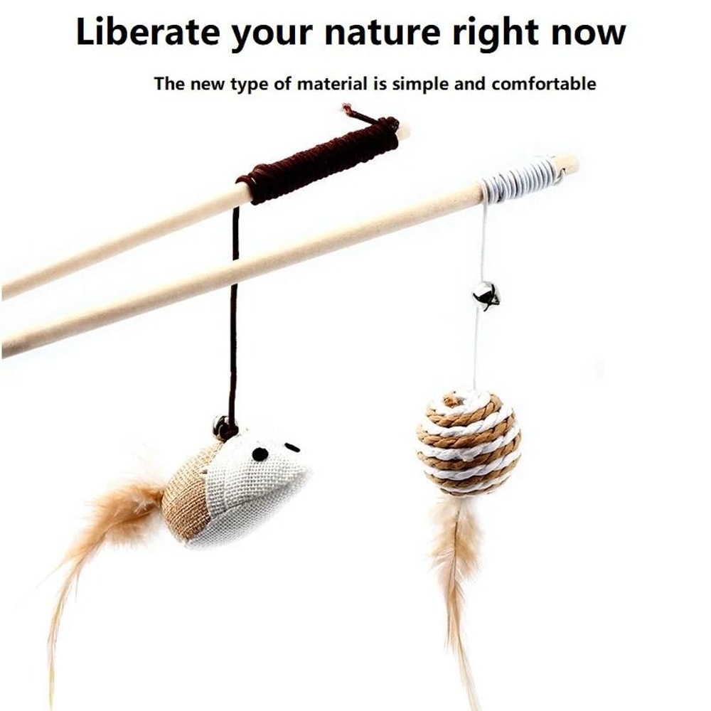 Interactive Cat Wand Feather Toy With Wooden Rod Colorful Kitten Teaser Stick For Indoor Play 4