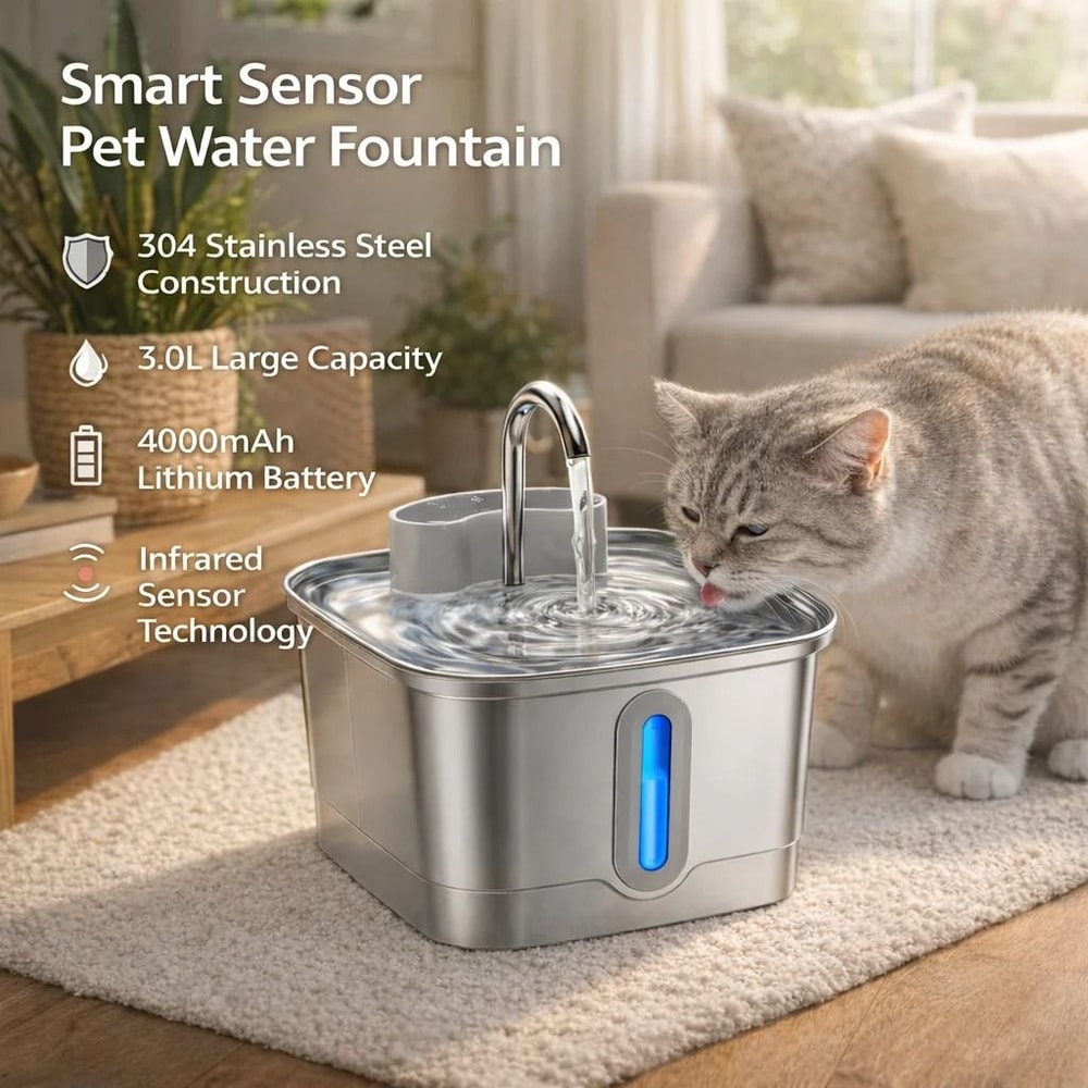 Smart Wireless Stainless Steel Cat Water Fountain With Motion Sensor 1