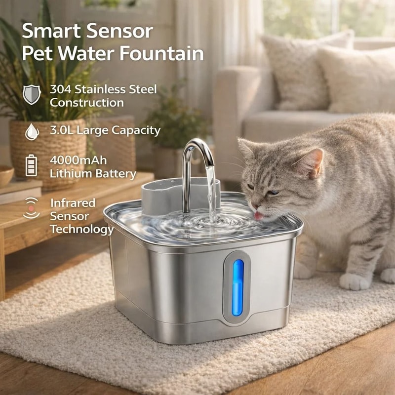 Smart Wireless Stainless Steel Cat Water Fountain With Motion Sensor 1