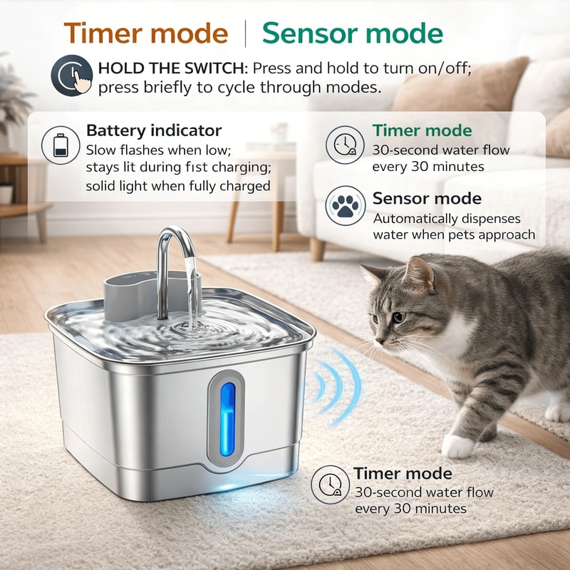 Smart Wireless Stainless Steel Cat Water Fountain With Motion Sensor 3