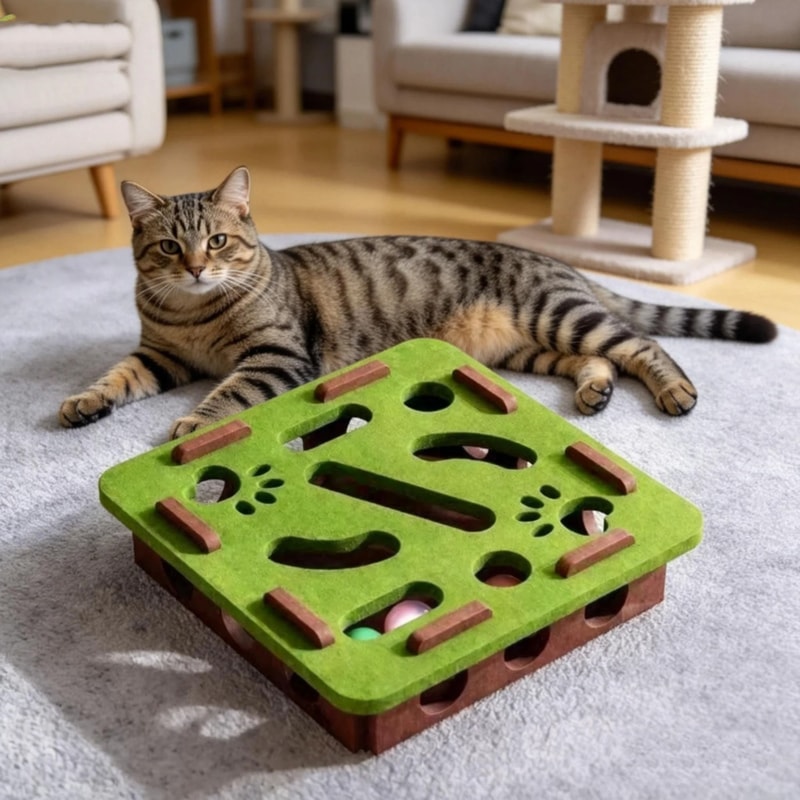 Interactive Felt Cat Puzzle Tunnel Box With Bell Ball Hunting Toy 2