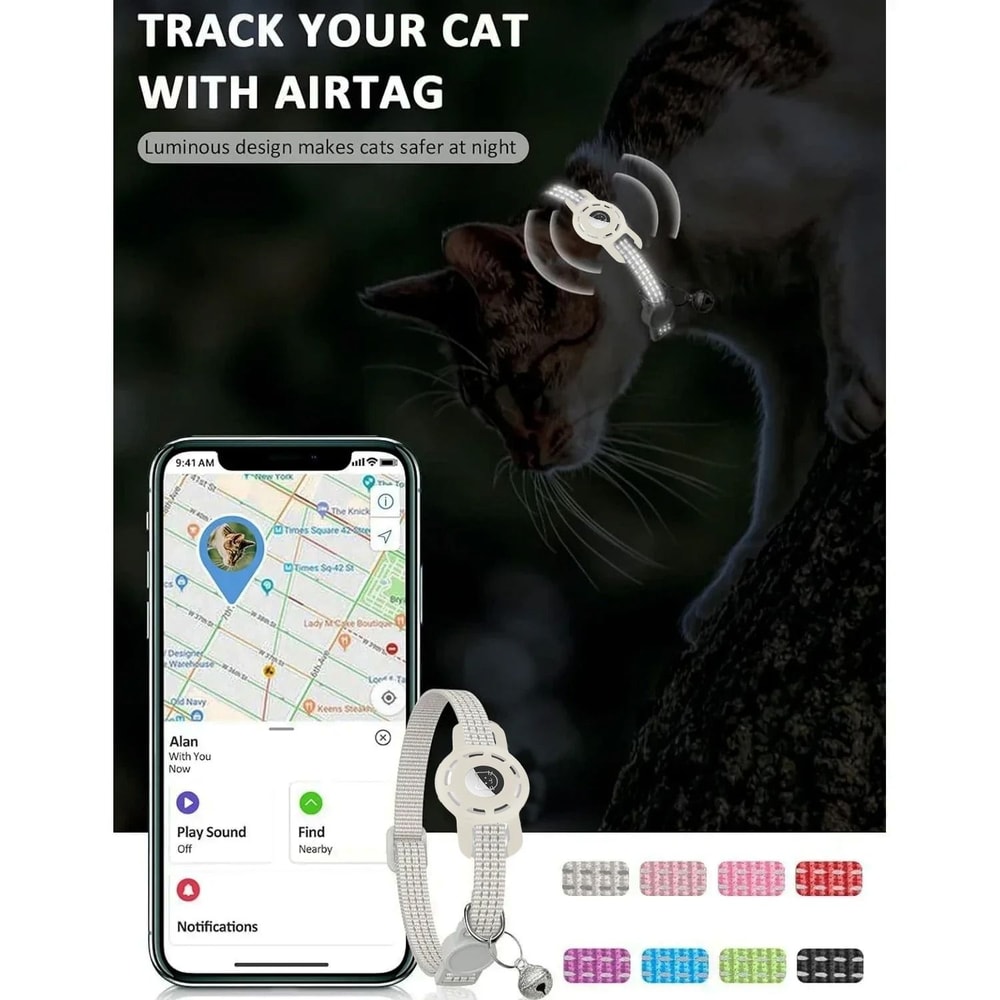 Reflective AirTag Cat Collar With Breakaway Safety Buckle Bell 3