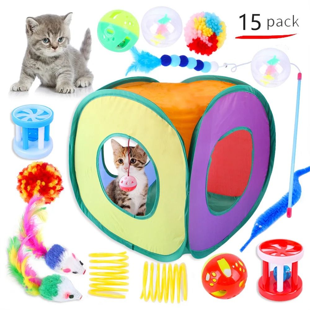 Interactive Cat Toy Variety Set With Sisal Mouse Bell Balls Teaser Wand Collection 10