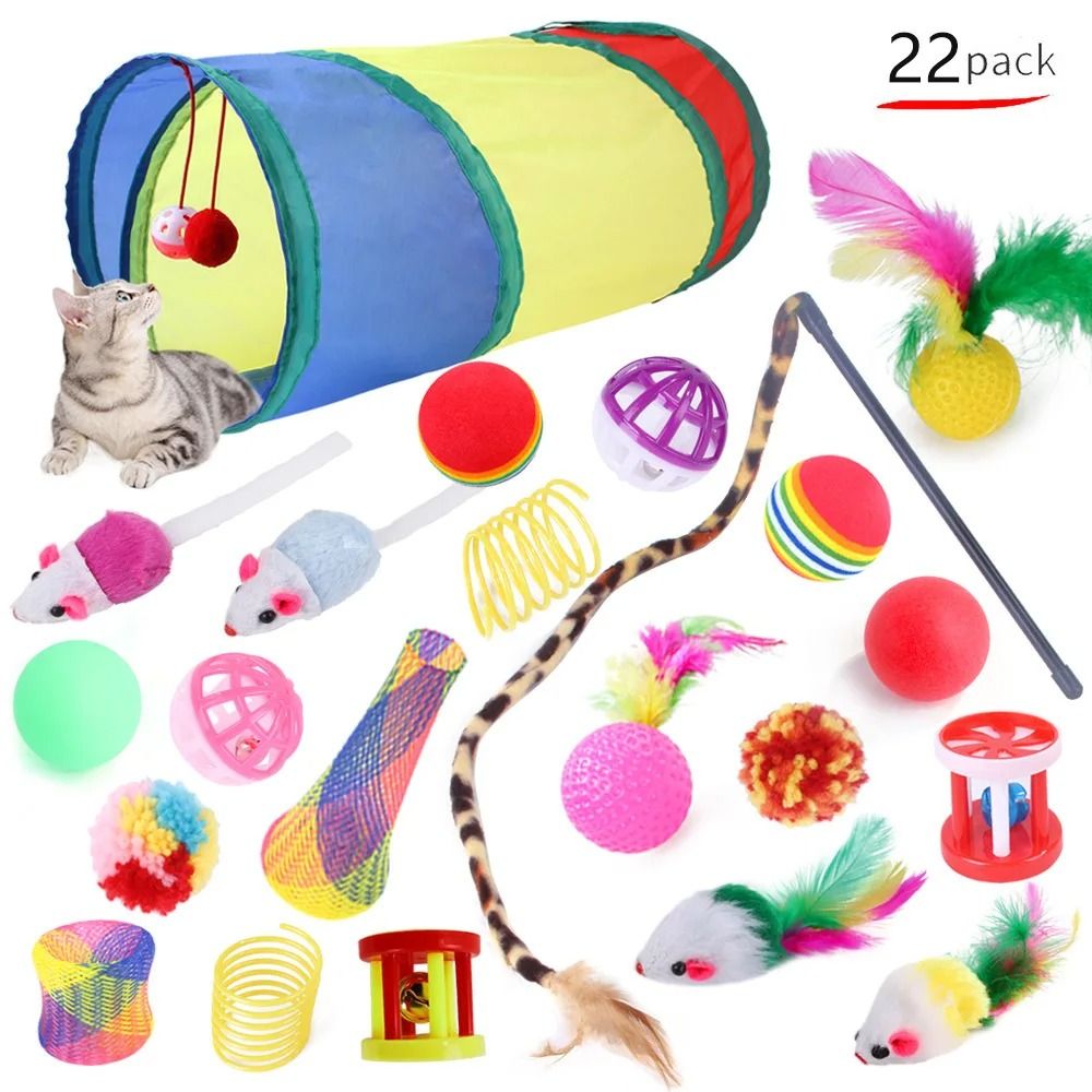 Interactive Cat Toy Variety Set With Sisal Mouse Bell Balls Teaser Wand Collection 1