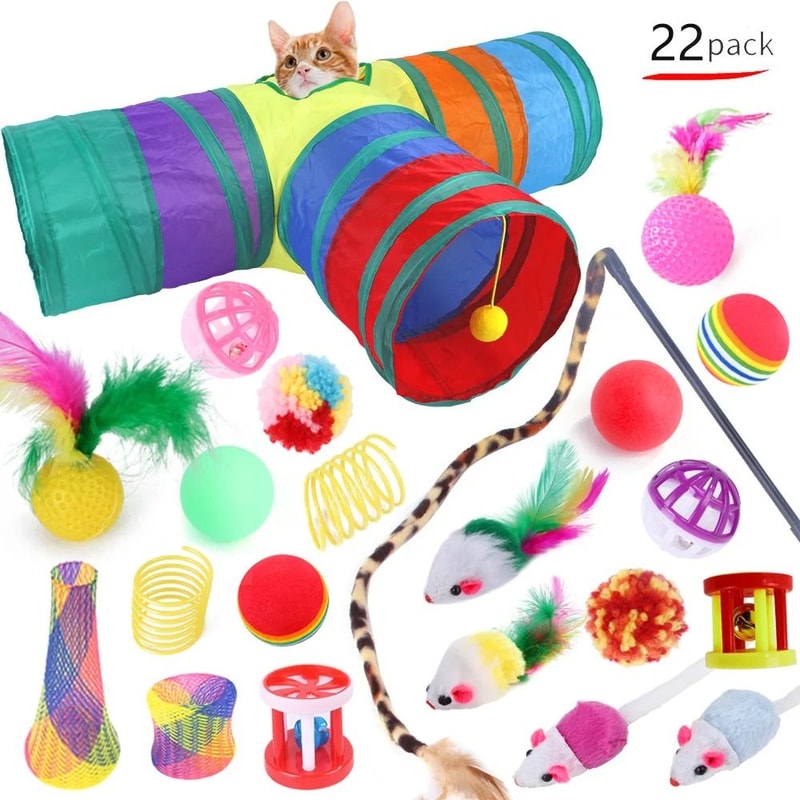 Interactive Cat Toy Variety Set With Sisal Mouse Bell Balls Teaser Wand Collection 3