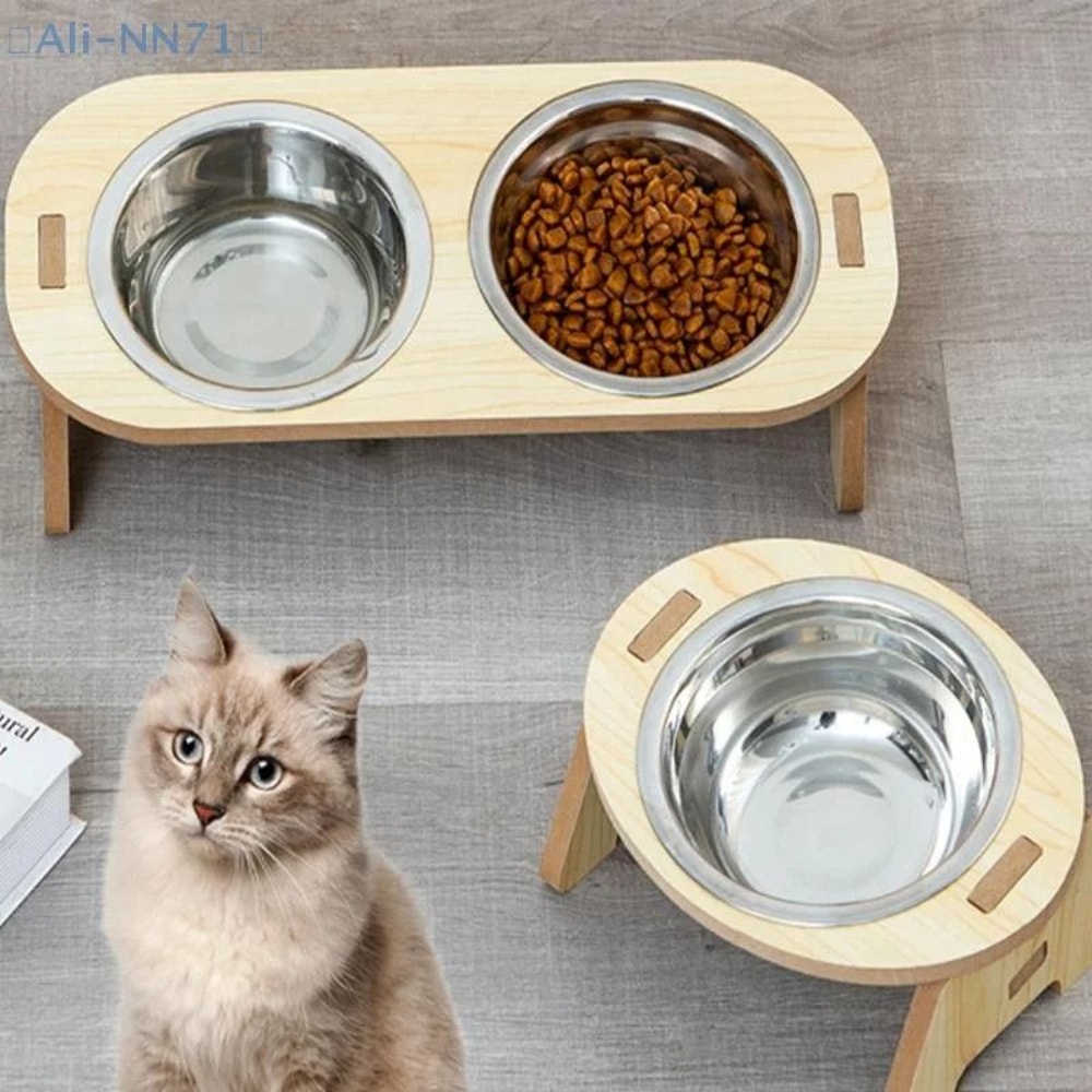 2in1 Elevated Stainless Steel Pet Feeding Bowls With Wooden Stand 0
