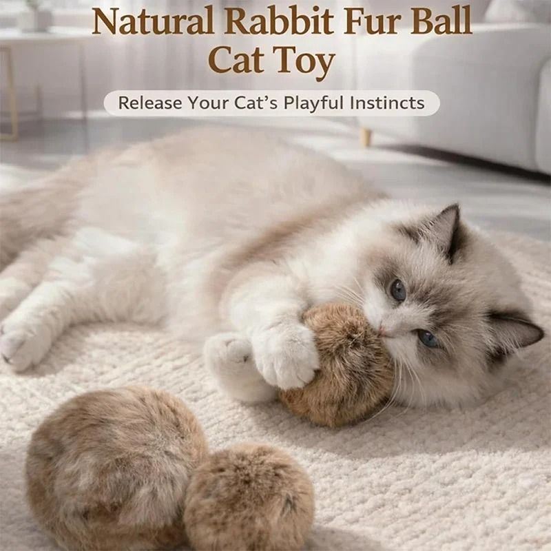 3PCS Interactive Catnip Toy Balls Rabbit Fur Plush Chasing Toys For Active Indoor Cats 1
