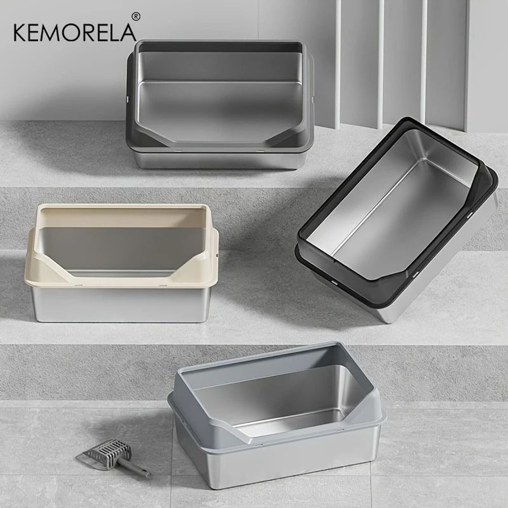 KEMORELA XL Stainless Steel Covered Cat Litter Box With High Sides Lid Scoop 3