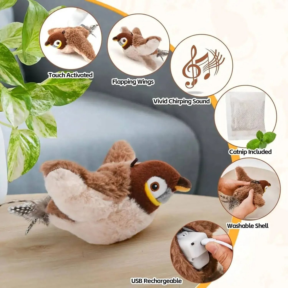 Rechargeable Chirping Flapping Bird Cat Toy With TouchActivated Motion 4