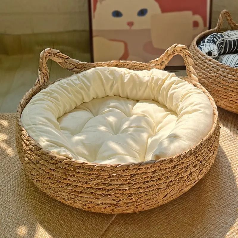 Handwoven Rattan Cat Basket Bed With Soft Cushion For Cozy Indoor Comfort 7