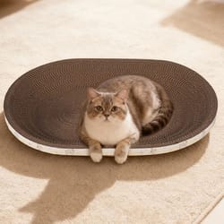 large corrugated cat scratcher bed with oval lounge design for indoor cats