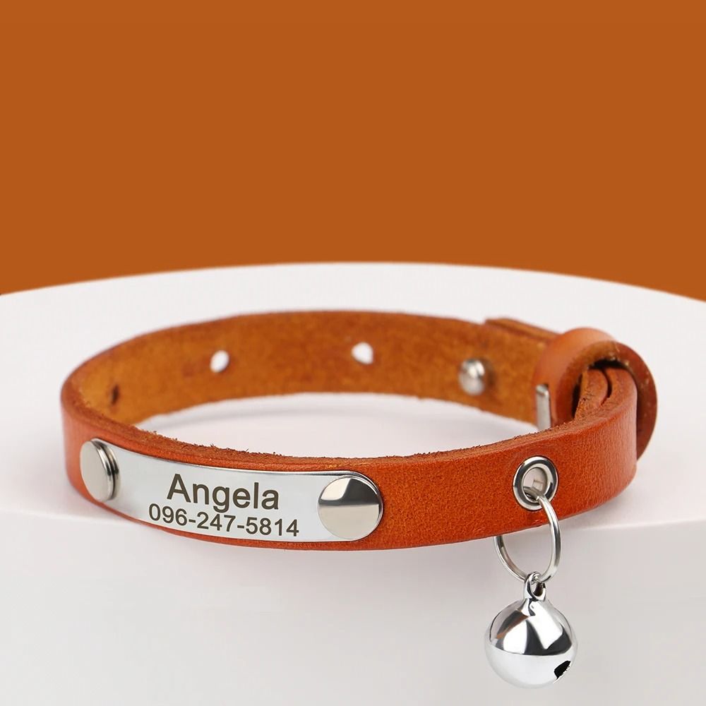 Custom Engraved Leather Cat Collar With Bell Adjustable AntiLost ID Collar 6