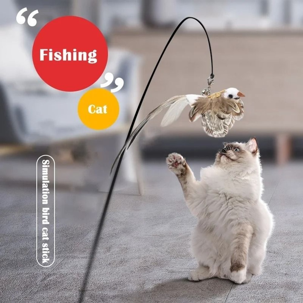 Interactive Feather Bird Cat Wand Toy With Bell Realistic Teaser For Kittens Cats 0