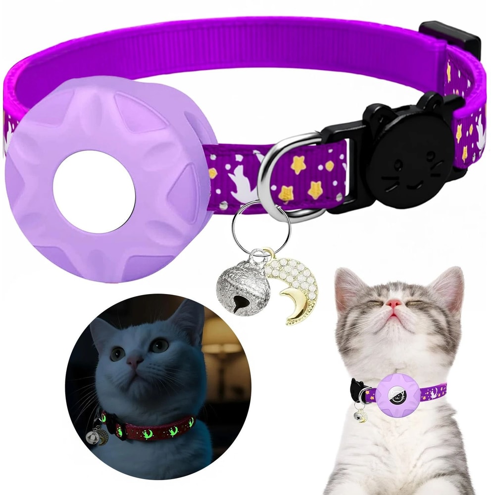 GlowintheDark AirTag Cat Collar With Moon Charm Breakaway Safety Buckle 6