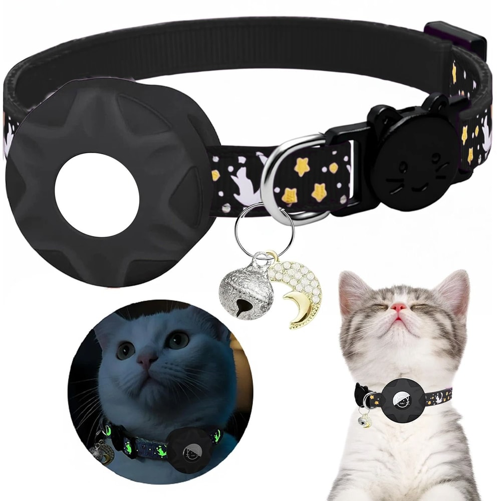 GlowintheDark AirTag Cat Collar With Moon Charm Breakaway Safety Buckle 8