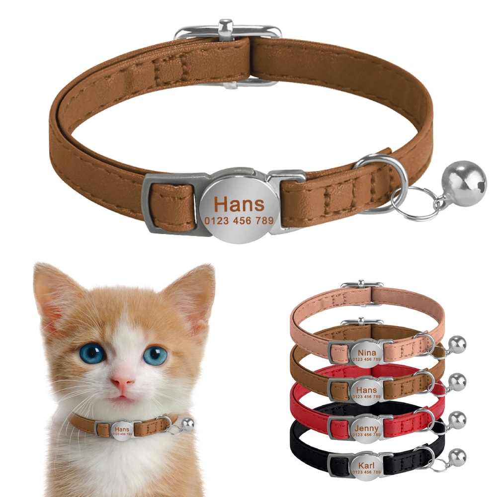SafePaw Personalized Leather Breakaway Cat Collar With Engraved Name Bell 0