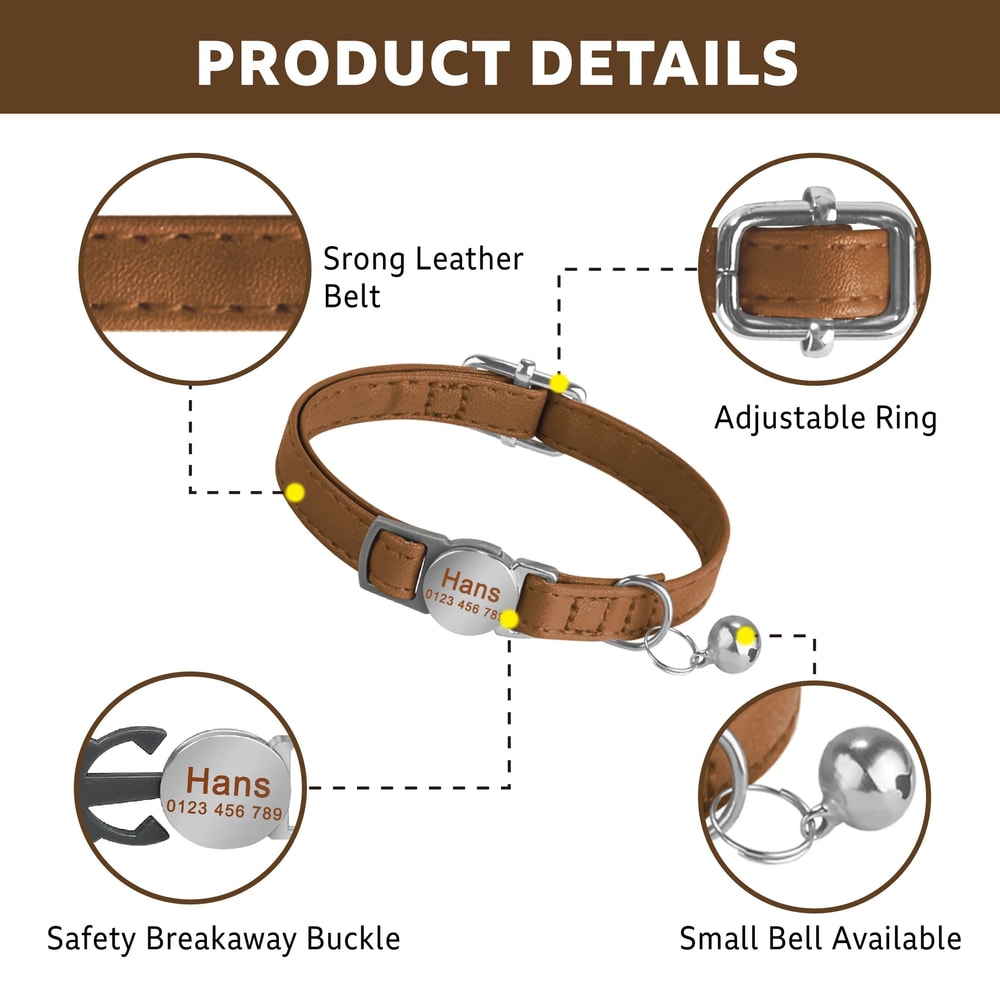 SafePaw Personalized Leather Breakaway Cat Collar With Engraved Name Bell 2