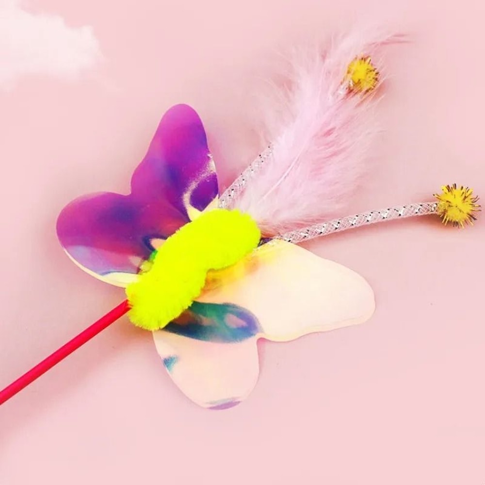 FlutterPounce Interactive Feather Wand Cat Toy With Butterfly Wool Ball Teasers 4