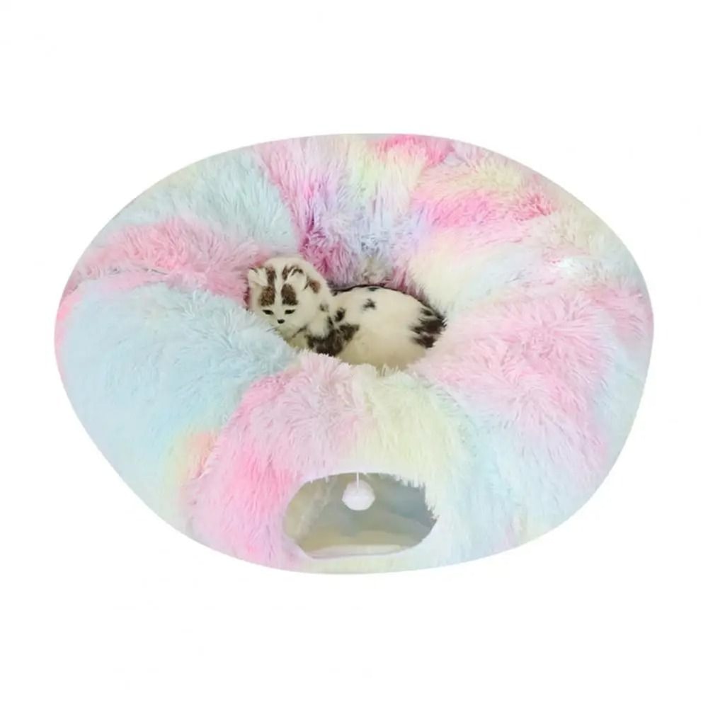 CozyTunnel Plush Donut Cat Tunnel Bed With Peekaboo Play Cave Hanging Balls 11