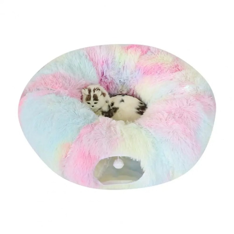 CozyTunnel Plush Donut Cat Tunnel Bed With Peekaboo Play Cave Hanging Balls 11