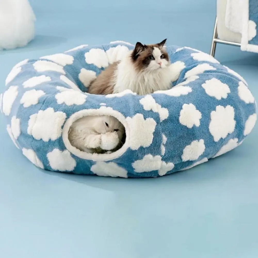 CozyTunnel Plush Donut Cat Tunnel Bed With Peekaboo Play Cave Hanging Balls 3