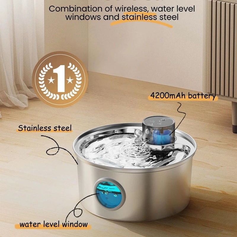 Wireless Stainless Steel Cat Water Fountain With Motion Sensor Rechargeable Battery 1