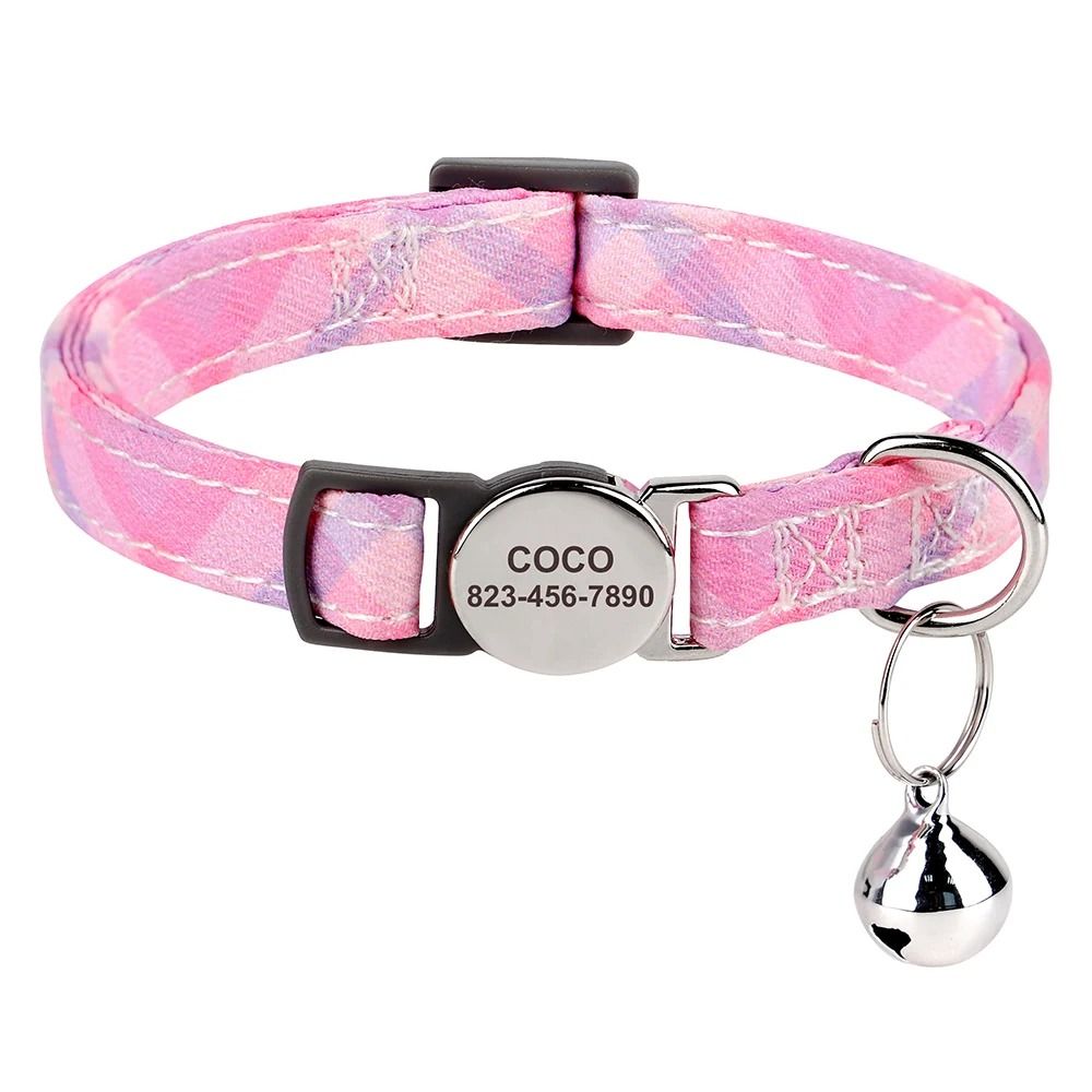 Personalized Adjustable Cat Collar With Engraved ID Nameplate Safety Bell 24