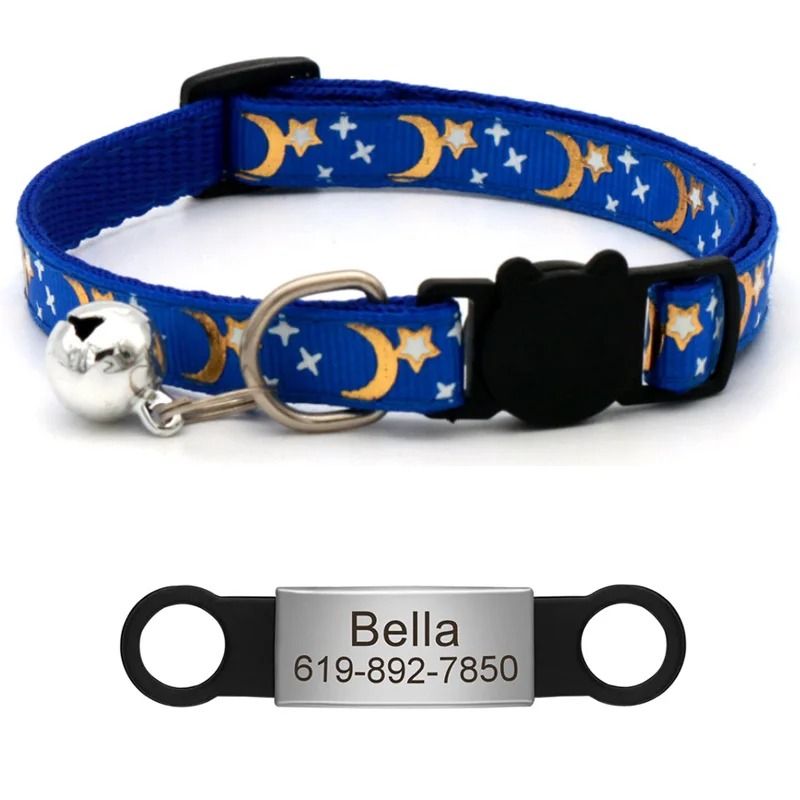 Personalized Reflective Star Moon Cat Collar With Engraved ID Nameplate And Bell 9