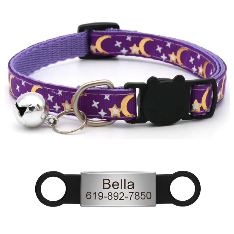 Personalized Reflective Star Moon Cat Collar With Engraved ID Nameplate And Bell 11