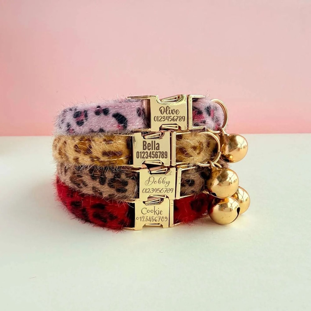 Personalized Leopard Print Cat Collar With Name Tag Bell Adjustable Plush Kitten Collar 2